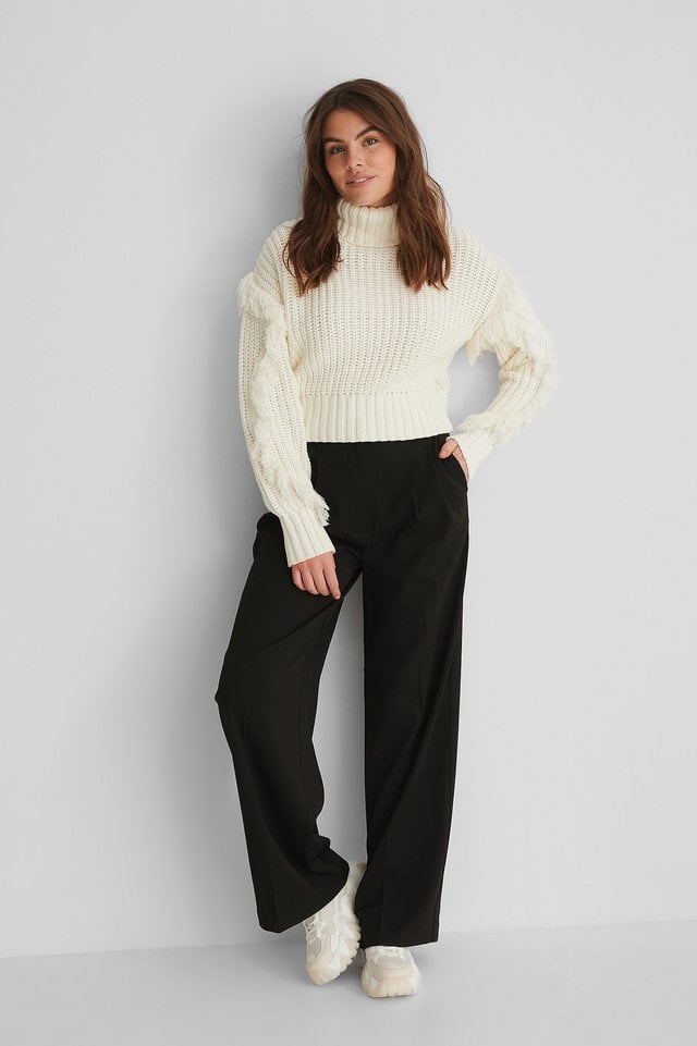 Fringed Detail High Neck Knitted Sweater Outfit.