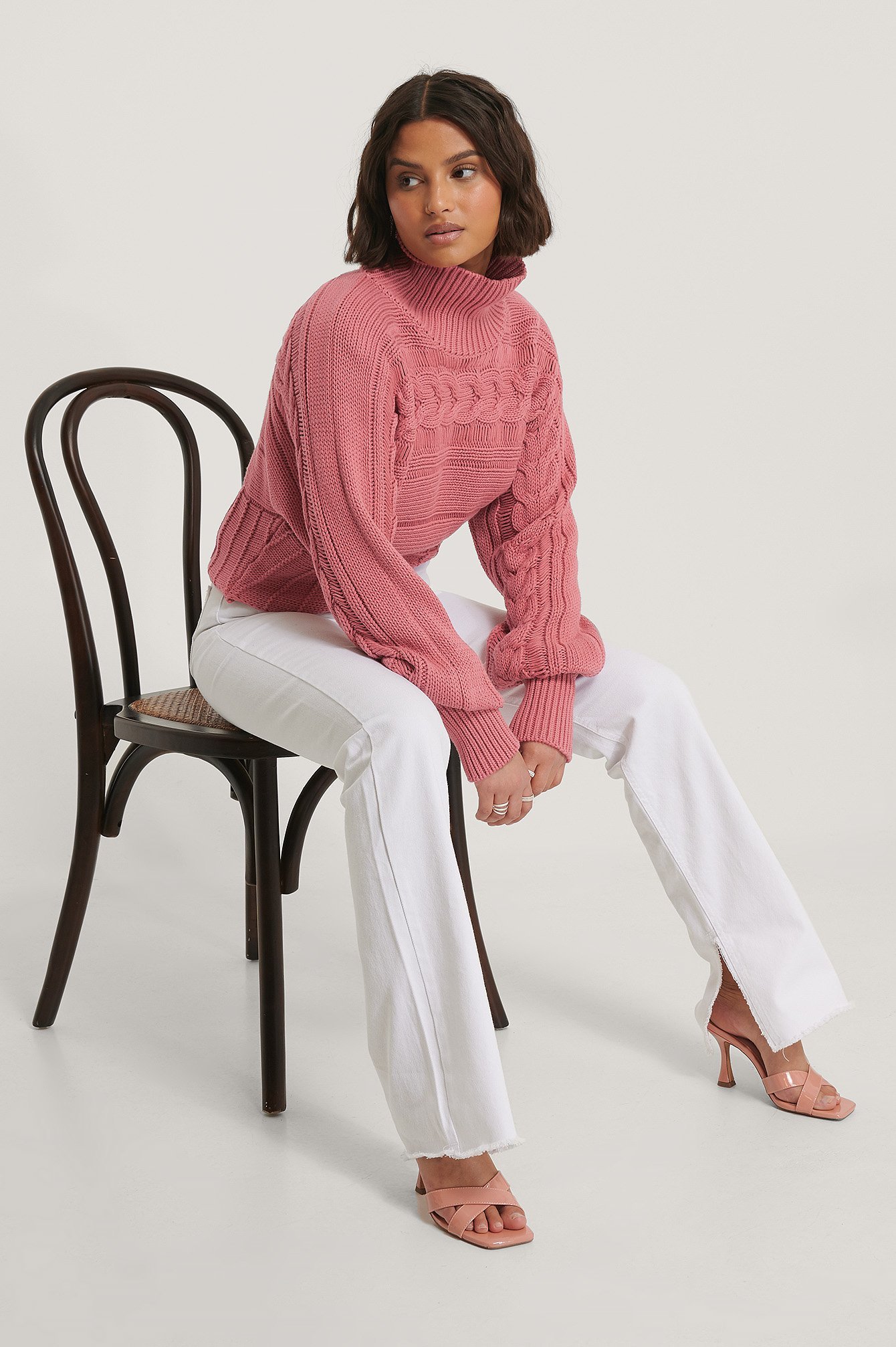 High Neck Cable Detail Knitted Sweater Outfit.