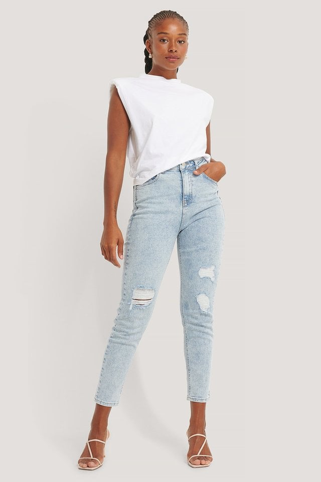 Destroyed Slim High Waist Jeans Blue Outfit.