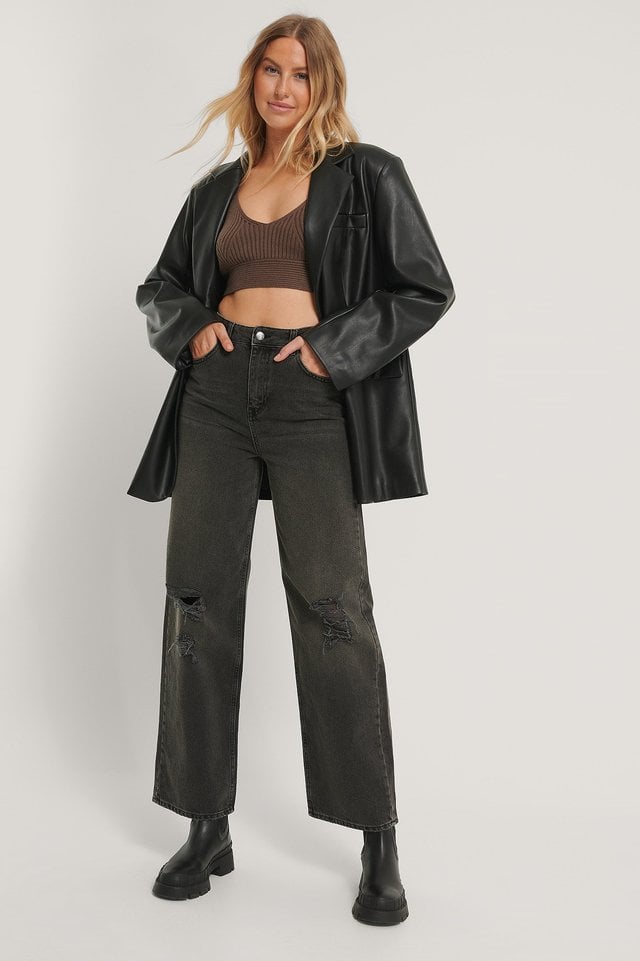 Organic Wide Leg Destroyed Details Jeans Black Outfit.