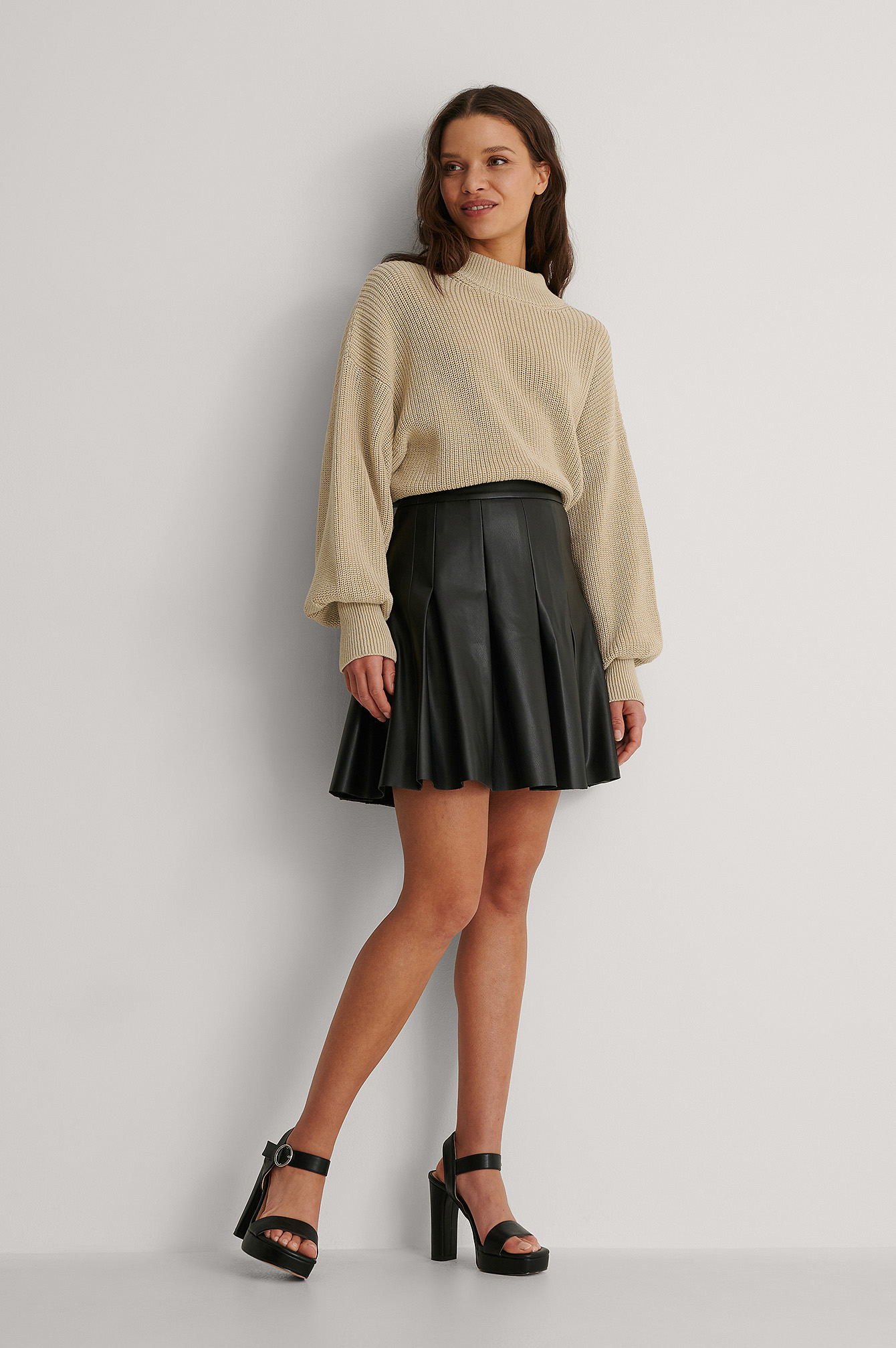 Beige Puff Sleeve Knitted Sweater