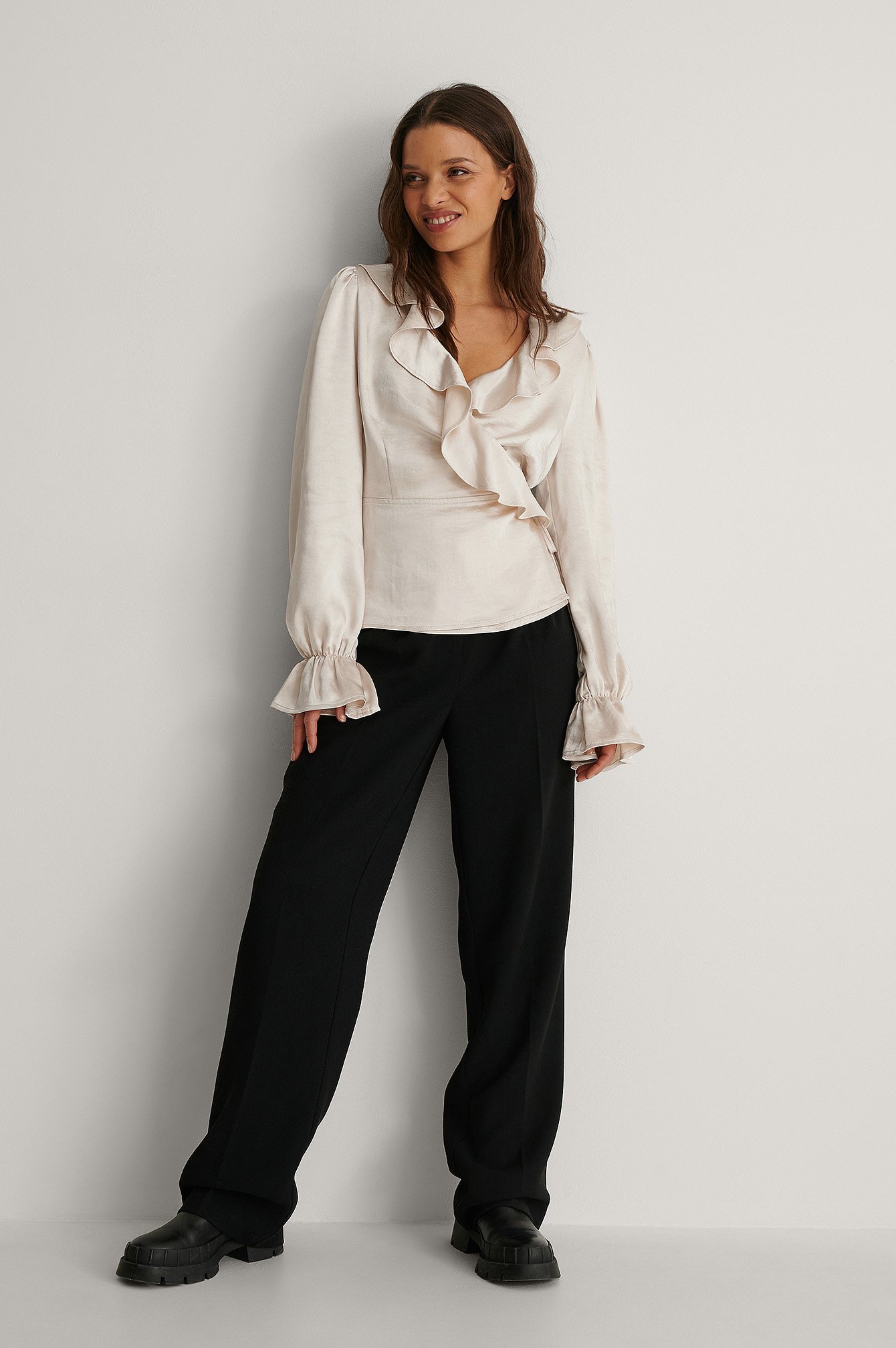 Frill Wrap Satin Blouse Outfit.