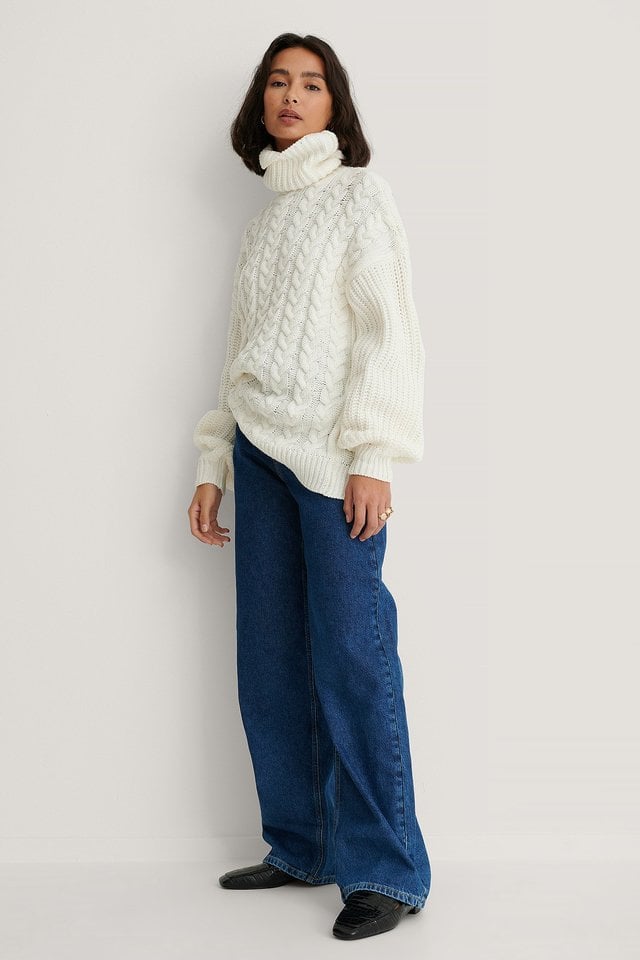 High Neck Cable Long Knitted Sweater Outfit.