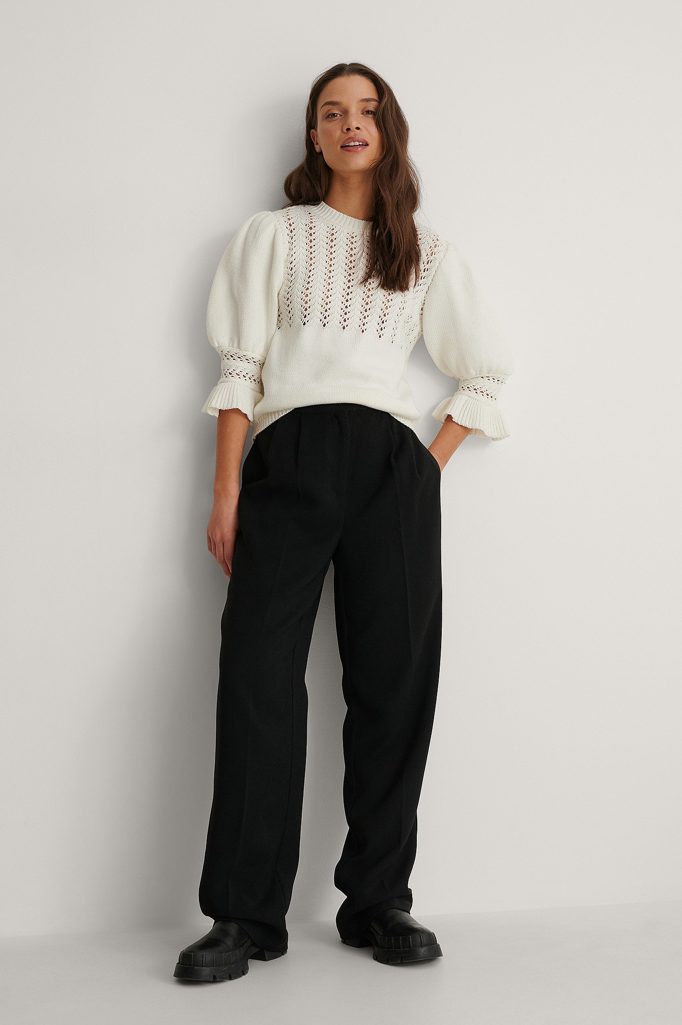 Puff Sleeve Structured Knitted Sweater Outfit.