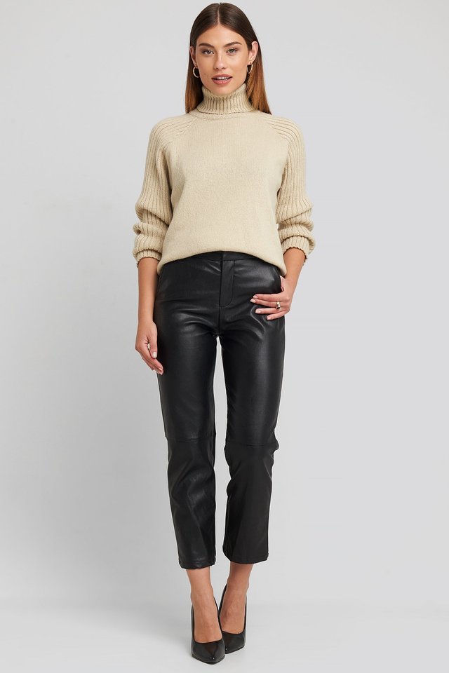 High Neck Ribbed Sleeves Sweater Outfit.