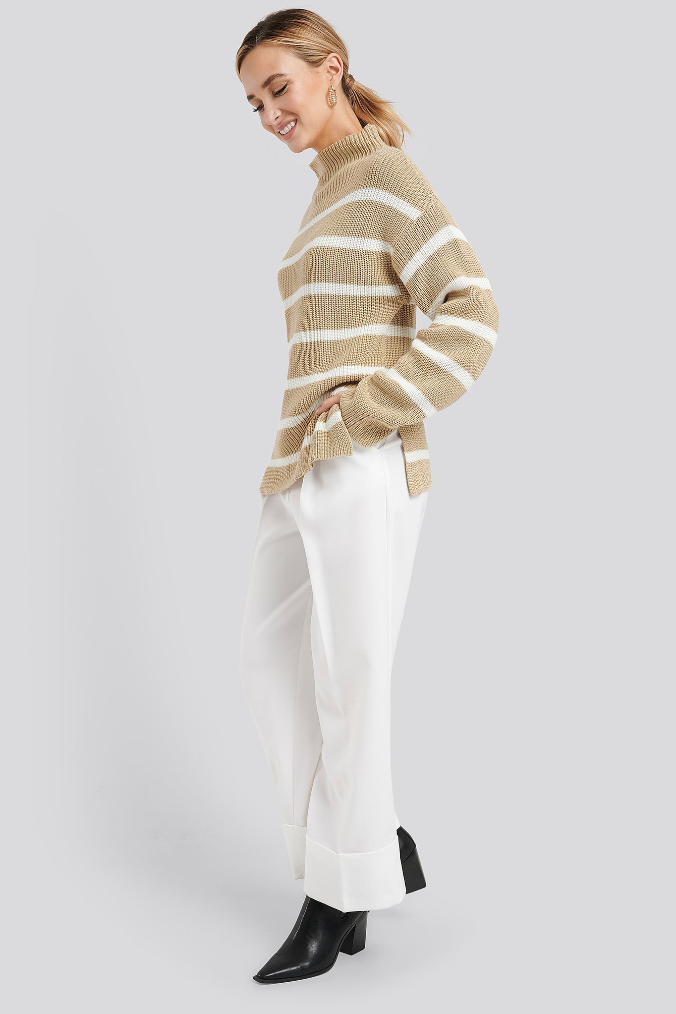 High Neck Striped Knitted Sweater Outfit.