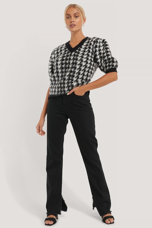 Houndstooth Short Balloon Sleeve Sweater Outfit.