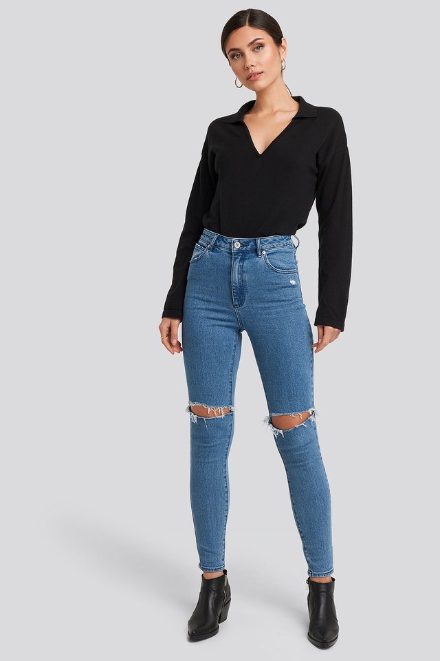 Mid Blue Organic Skinny High Waist Destroyed Jeans