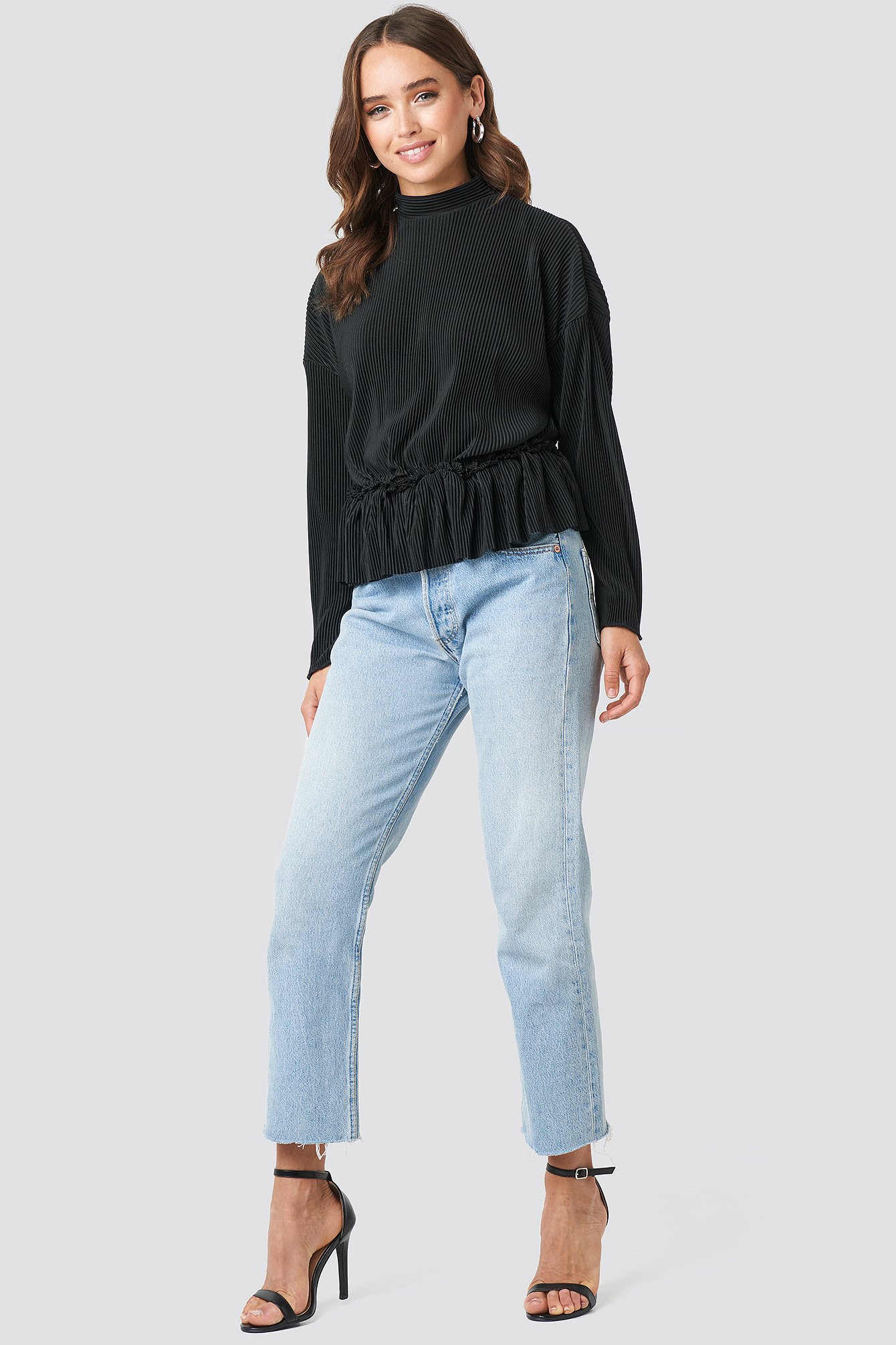 Pleated High Neck Long Sleeve Top Outfit.