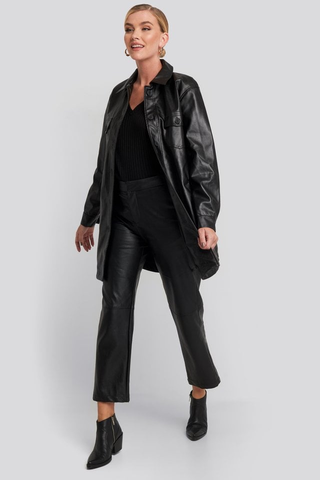 Pu Belted Shirt Jacket Black Outfit.