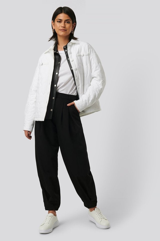 Quilted Buttoned Jacket White Outfit.
