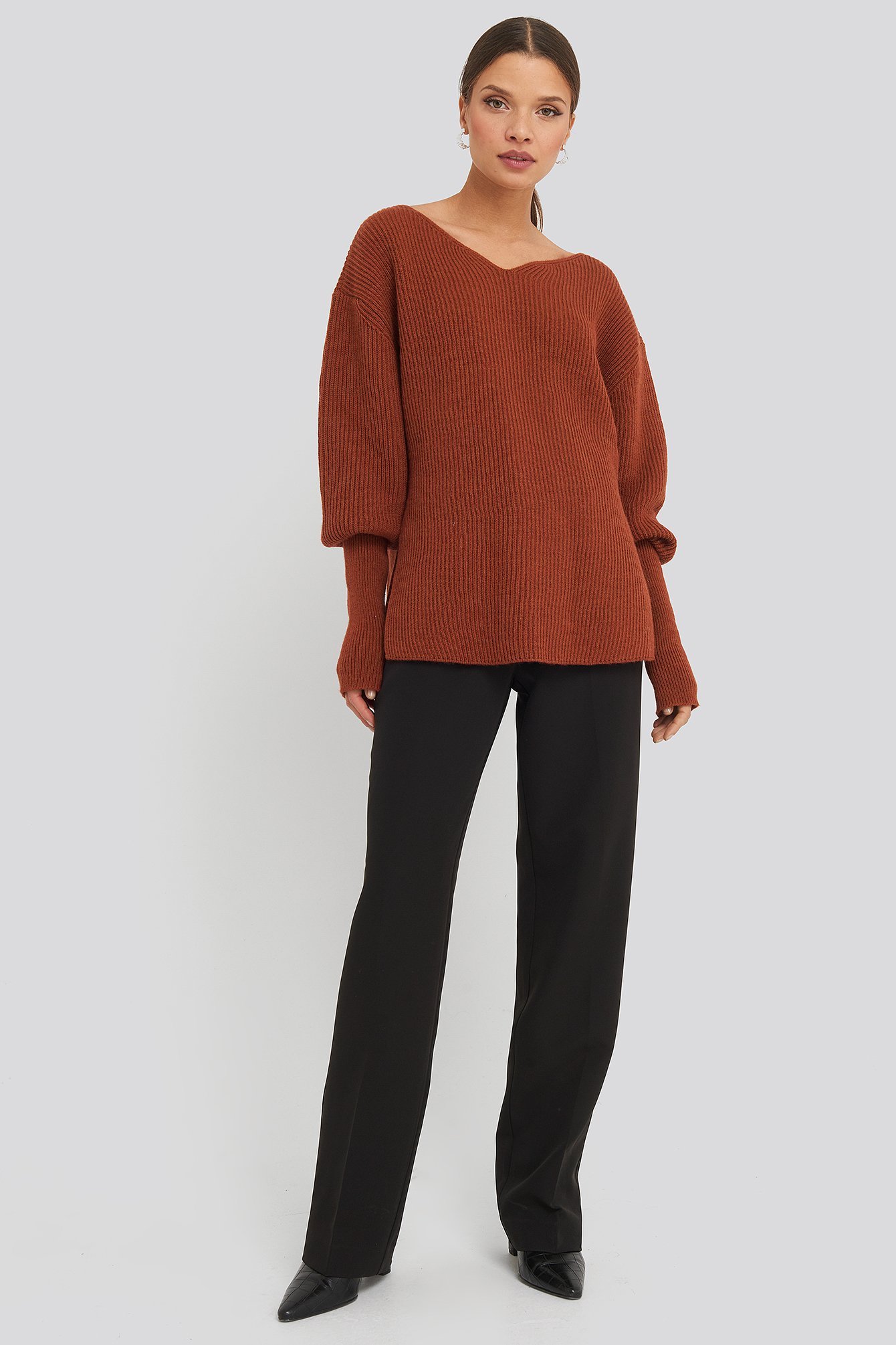 Notched Neckline Ribbed Sweater Outfit.