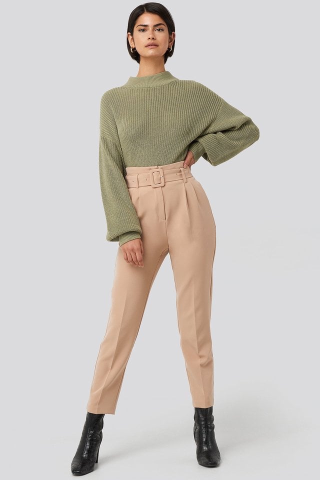 Beige High Rise Cropped Suit Pants
