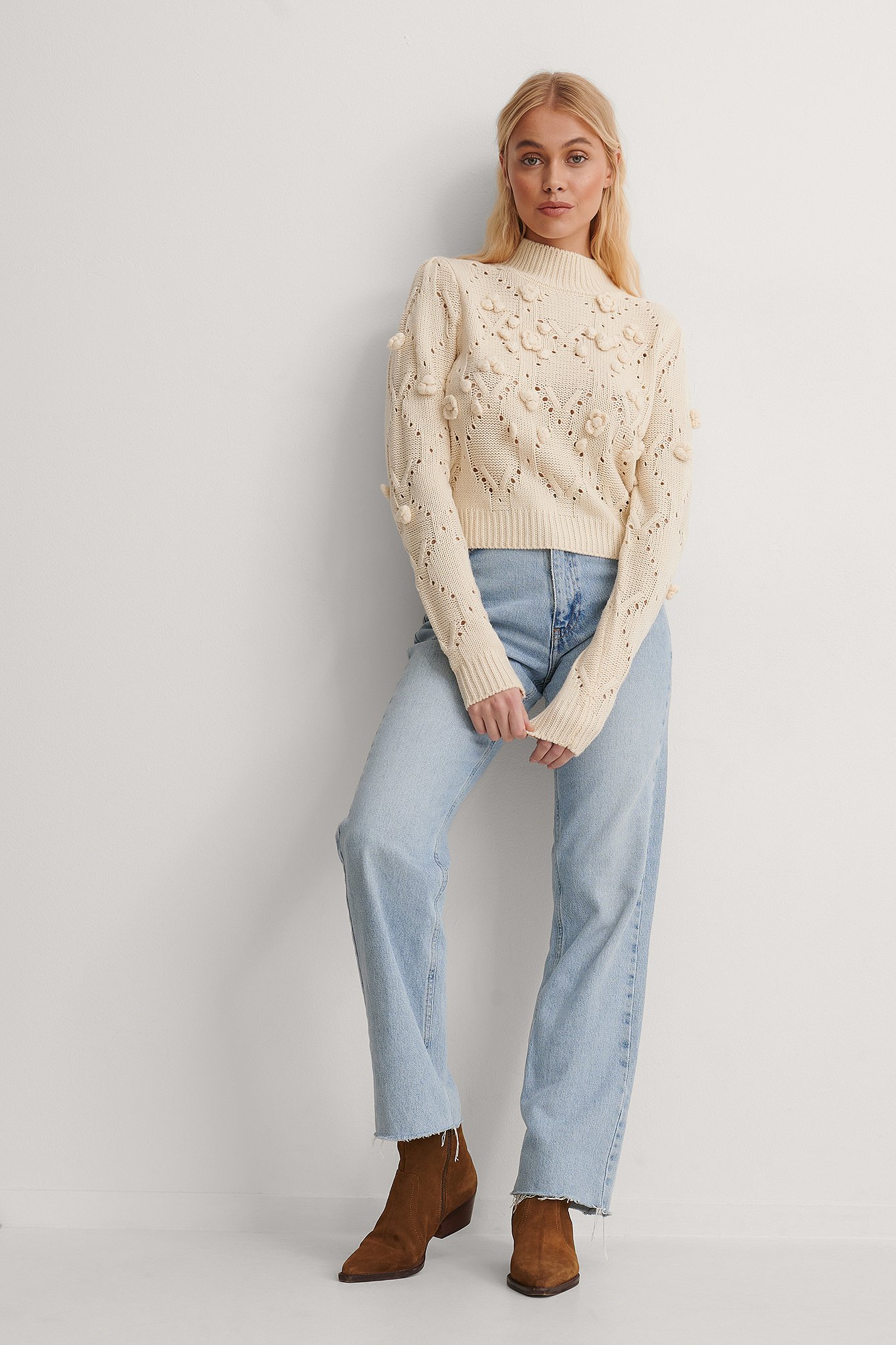 Pom Pom Detail High Neck Knitted Sweater Outfit.
