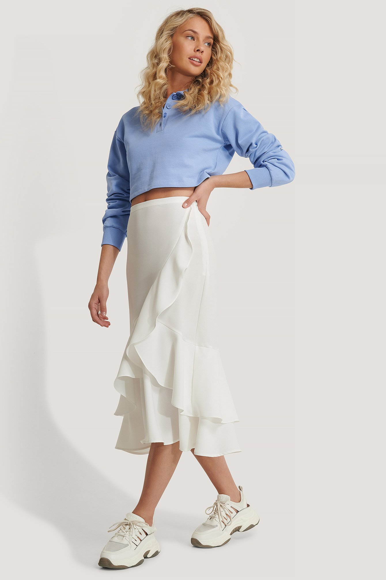 Flounce Midi Skirt Outfit.