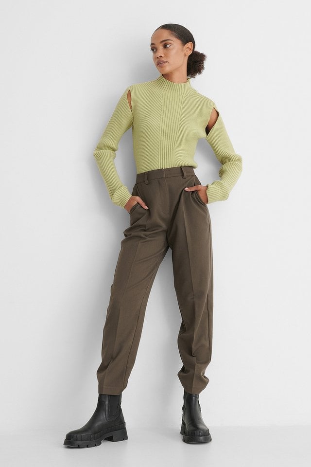 Cut Out Ribbed Knitted High Neck Sweater Outfit.