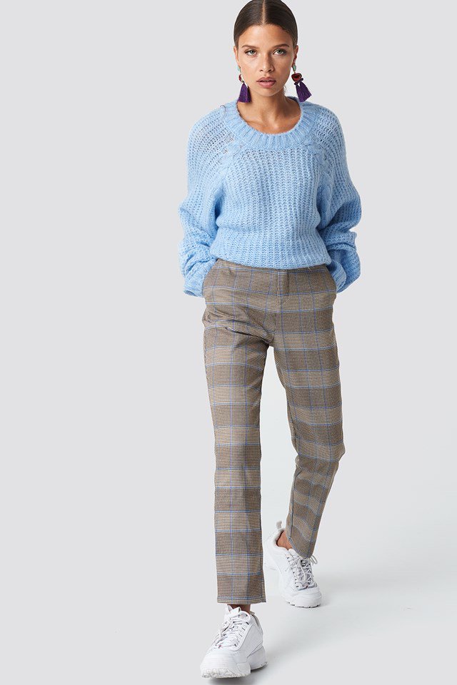 Casual Blue Sweater and Checkered Pants Outfit
