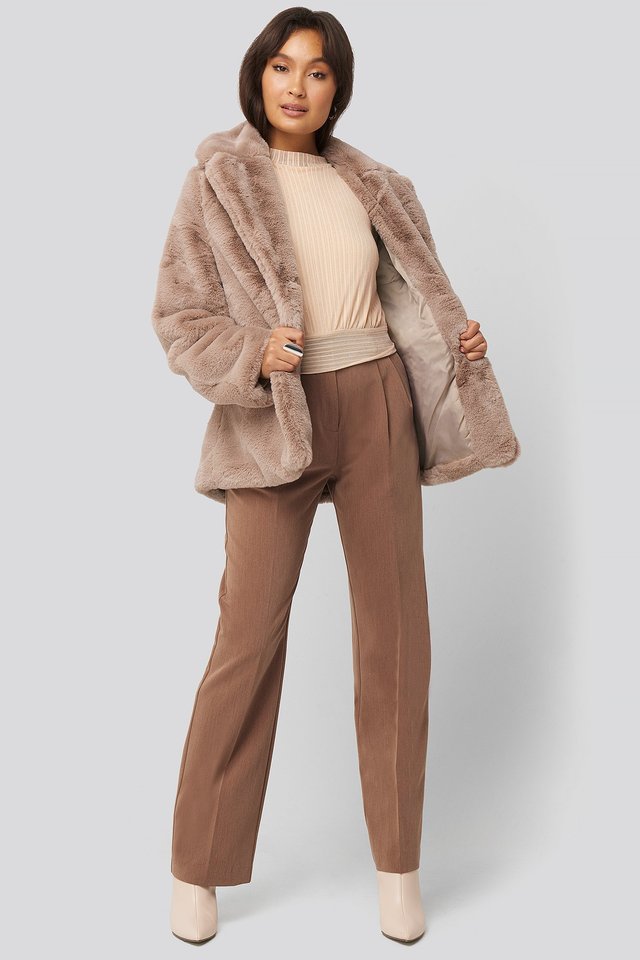 Colored Faux Fur Short Coat Pink Outfit.