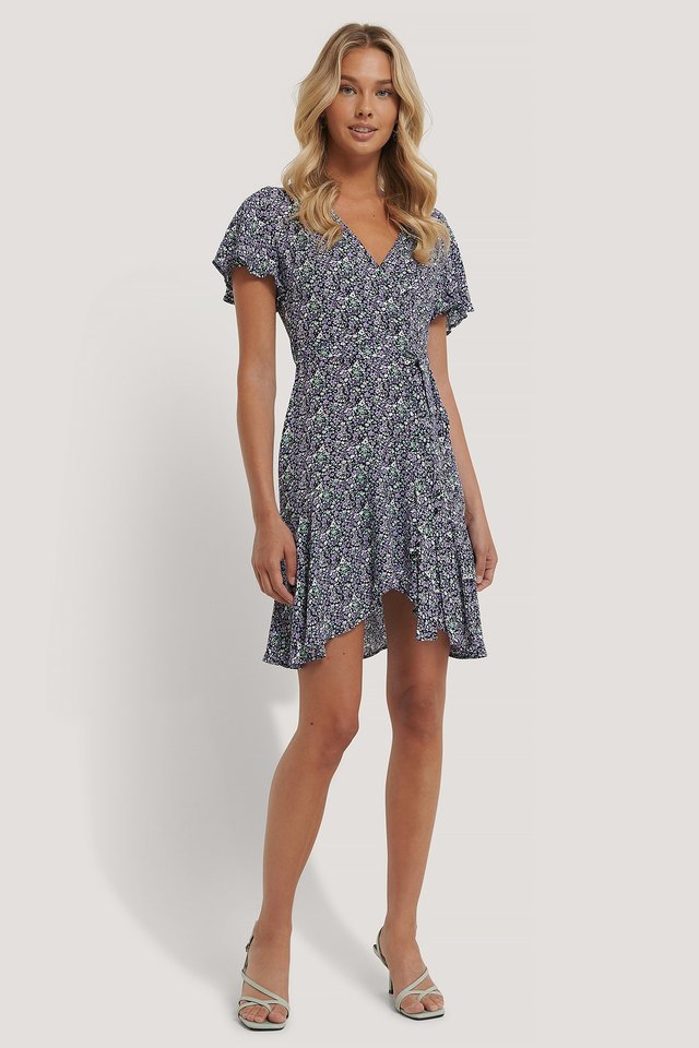 Belted Flower Pattern Mini Dress Flower 