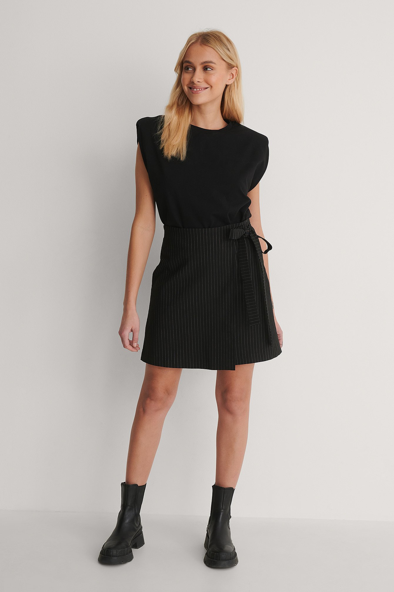 Tie Side Pinstripe Skirt Outfit.