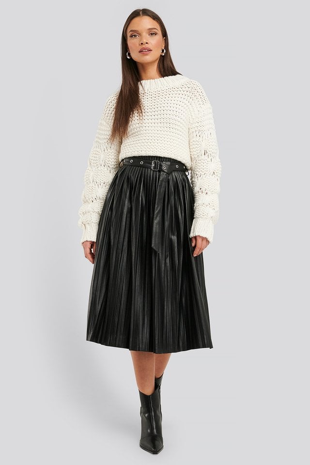 Pleated Pu Belt Skirt Outfit.
