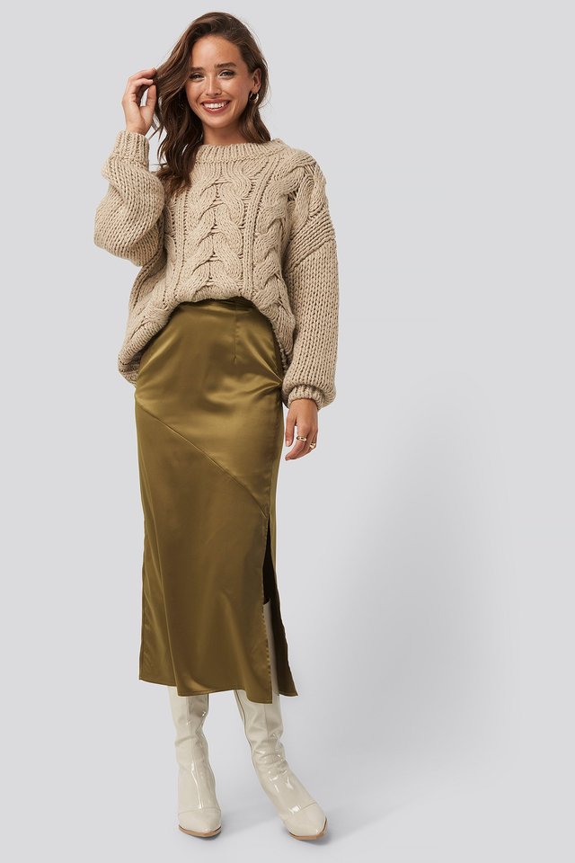 Split Seam Satin Midi Skirt Outfit.