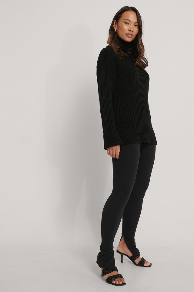 Ribbed Knitted Turtleneck Side Slit Sweater Outfit.
