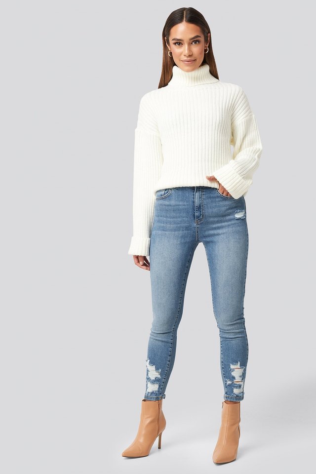 Off White High Neck Ribbed Sleeves Sweater