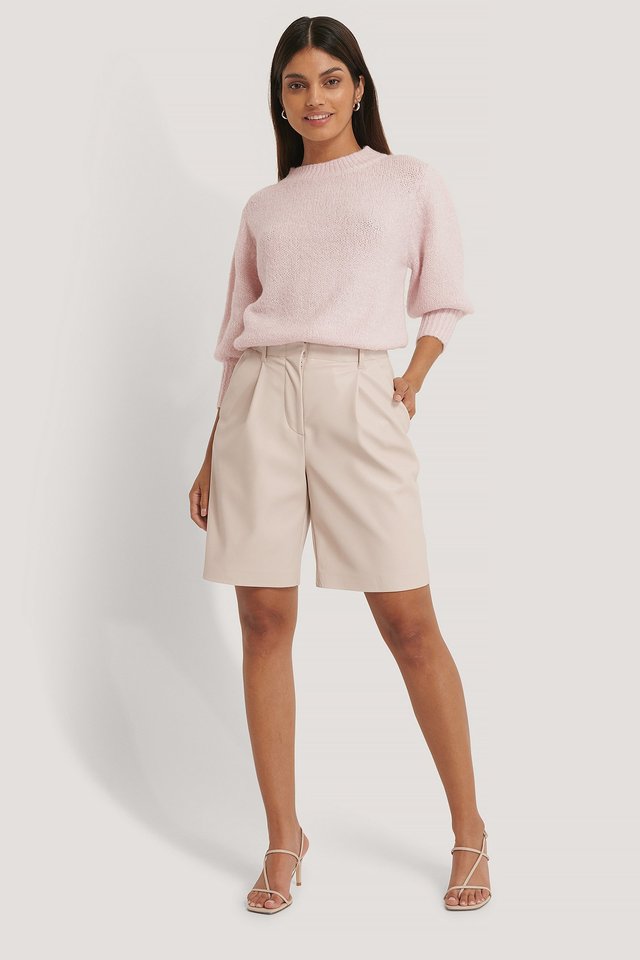 Short Puff Sleeve Knitted Sweater Outfit.