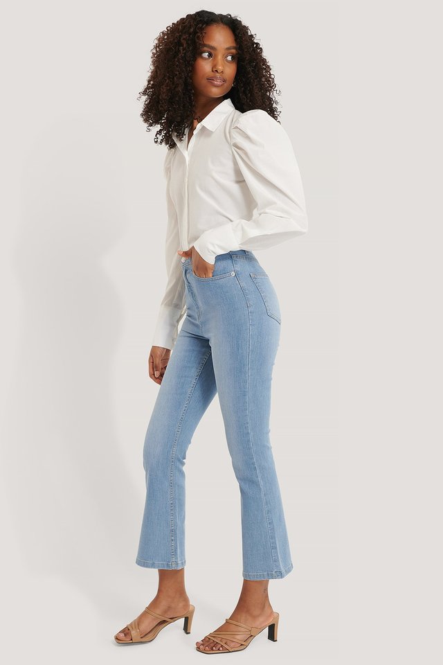 Kick Flare Skinny Jeans Blue Outfit.