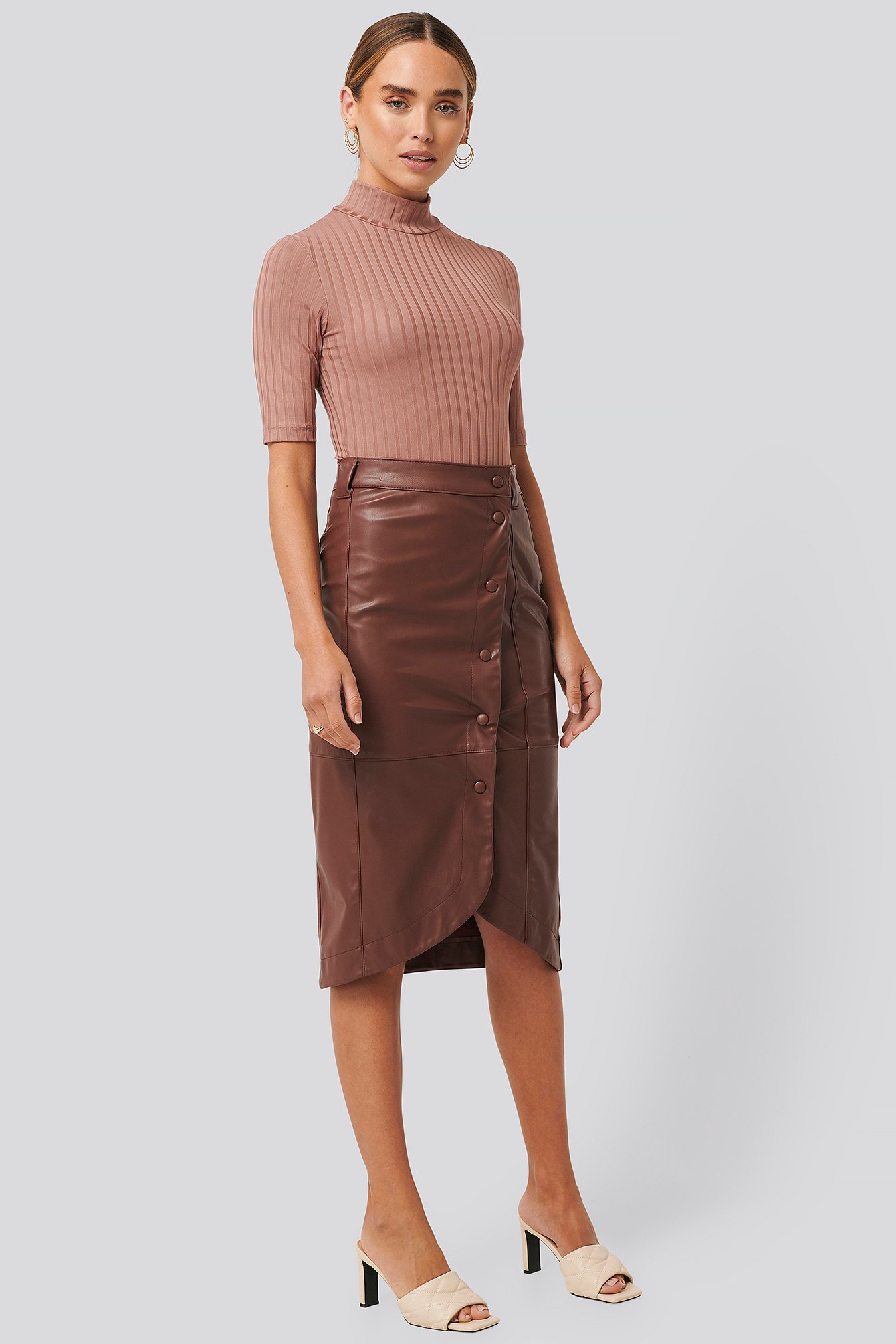 Brown Faux Leather Wrap Skirt