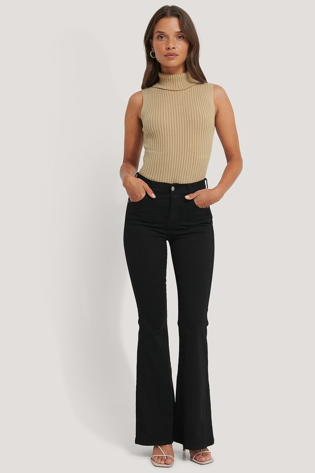 Beige Seam Detail Ribbed Polo Top