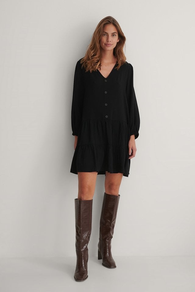 Buttoned Flowy V-Neck Dress Outfit.