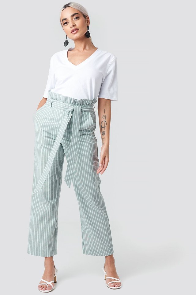 Paper Waist Striped Trousers Outfit.