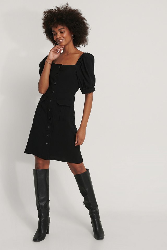 Button Up Short Puff Sleeve Dress Black 