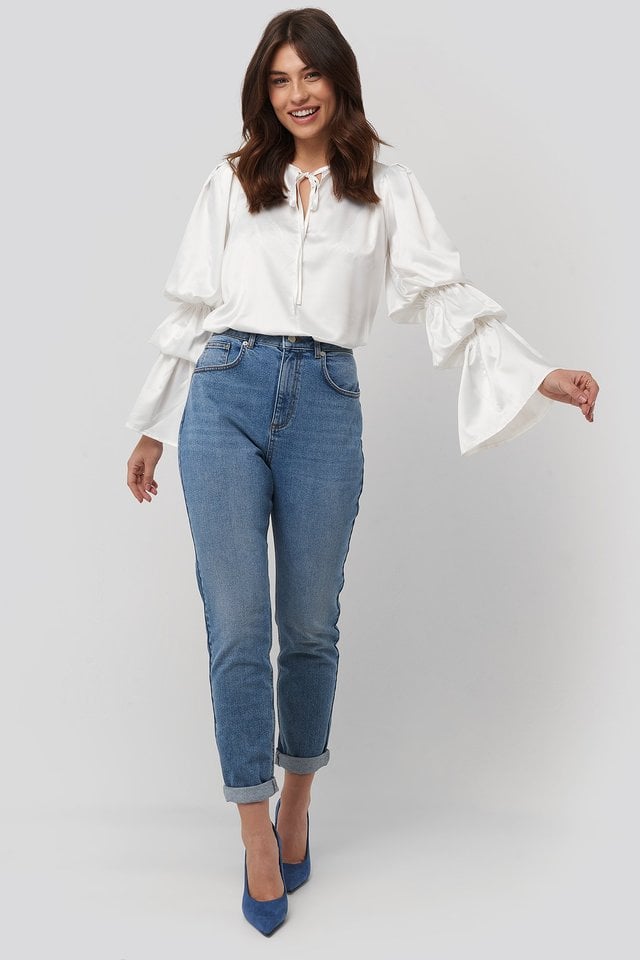 Gathered Fluted Sleeve Blouse Outfit.
