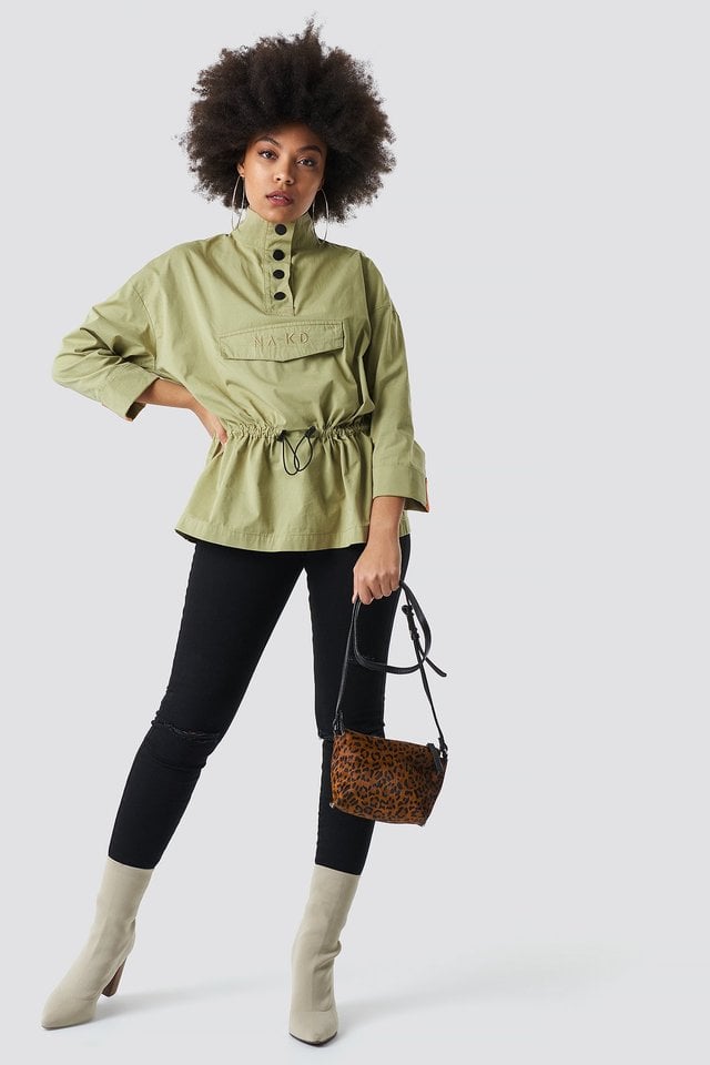 Buttoned Up Pouch Anorak Green Outfit.
