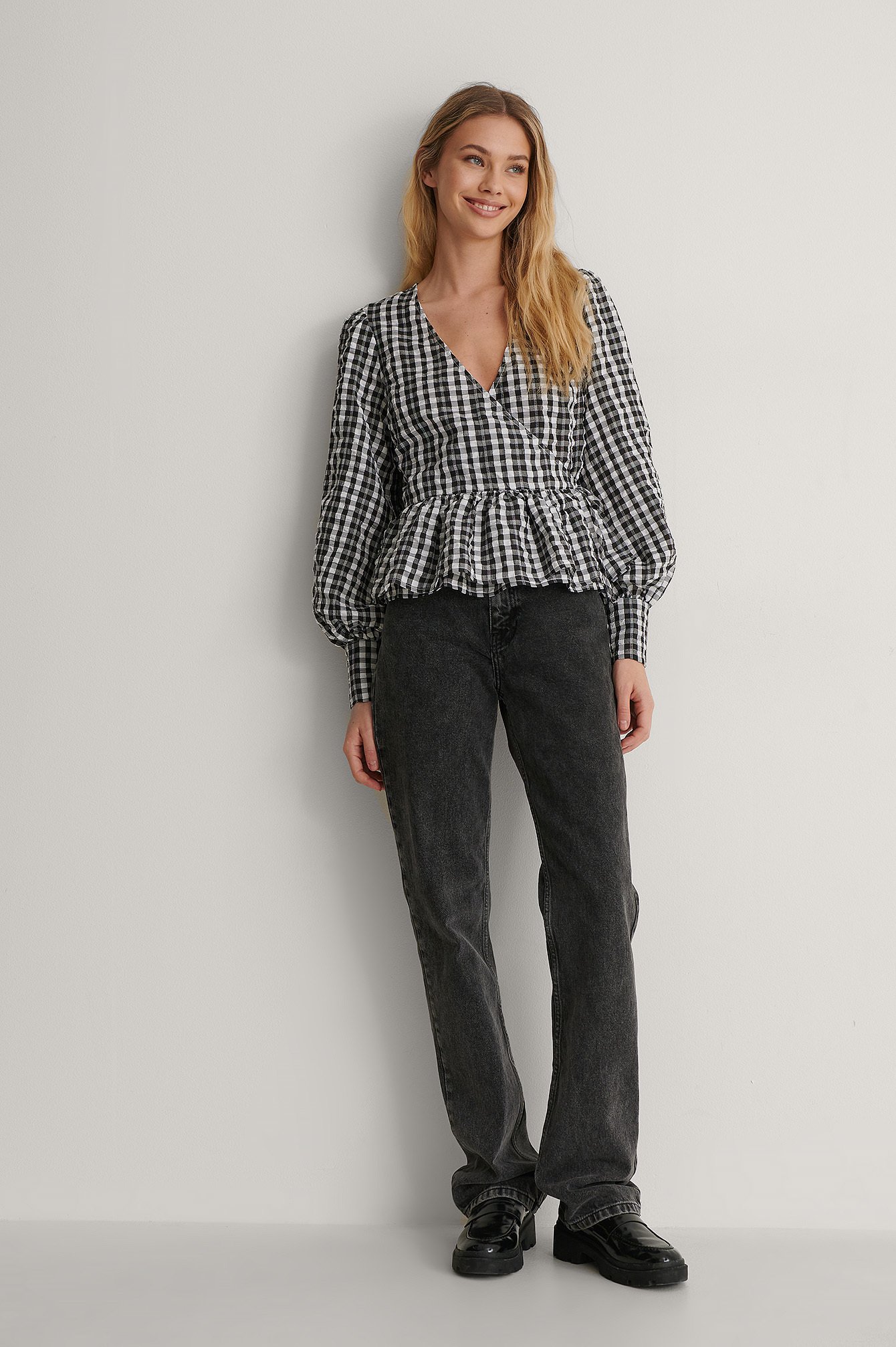 Black Checkered Tie Side Blouse