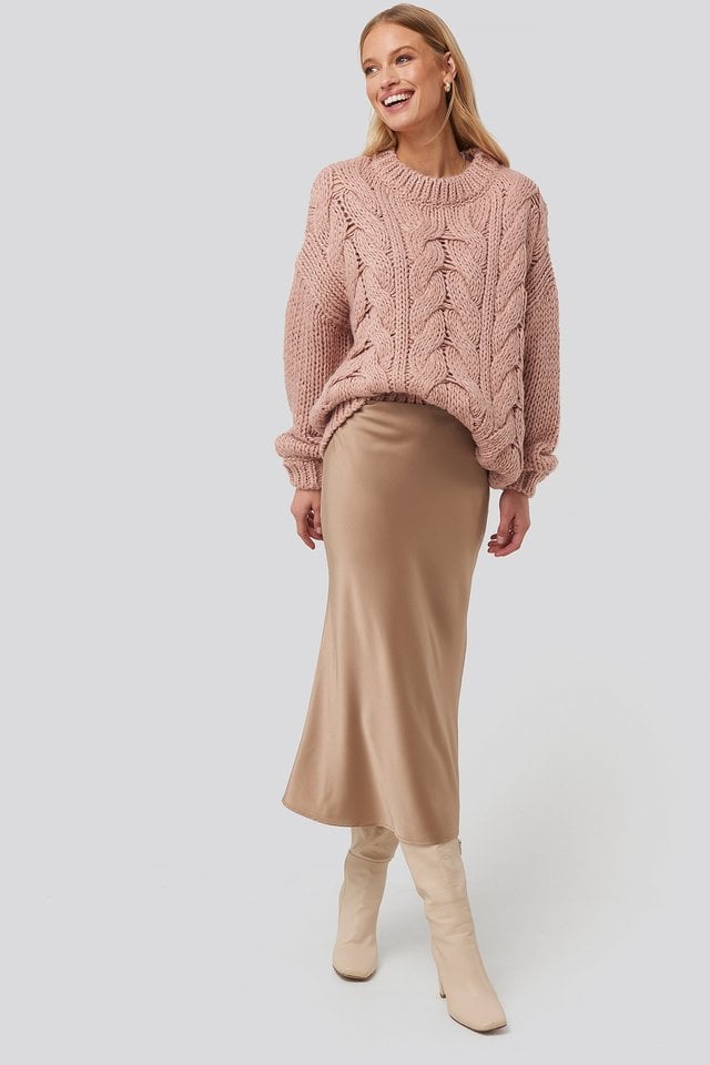 Wool Blend Round Neck Heavy Knitted Cable Sweater Outfit.