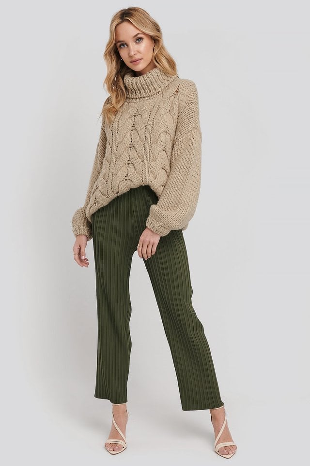 Beige Wool Blend High Neck Heavy Cable Knitted Sweater