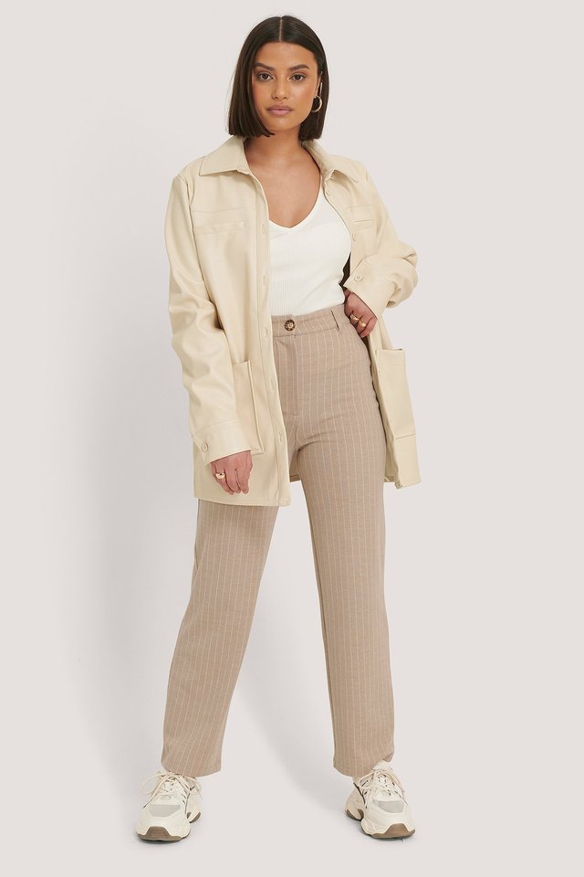 Pinstripe Straight Pants Outfit.