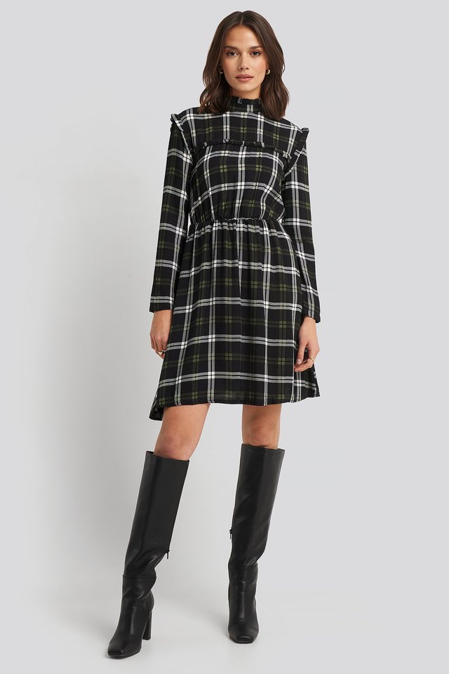Plaid Sheer Neck Dress Outfit.