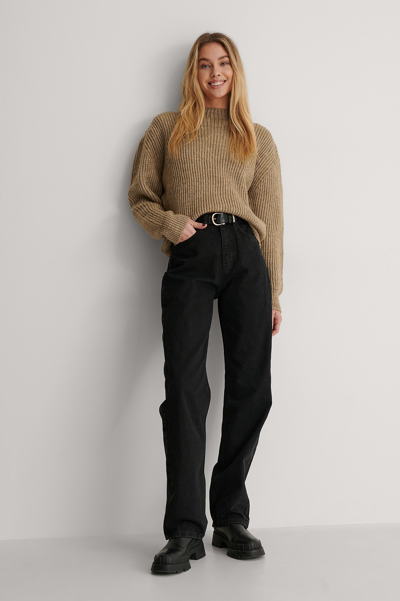 High Neck Ribbed Knitted Sweater Outfit.