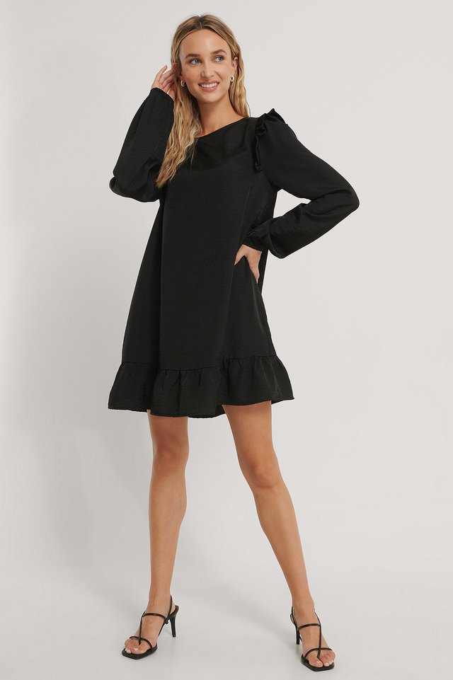 Shoulder Flounce Mini Dress Black.