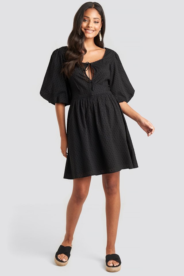 Key Hole Puff Sleeve Mini Dress Black 