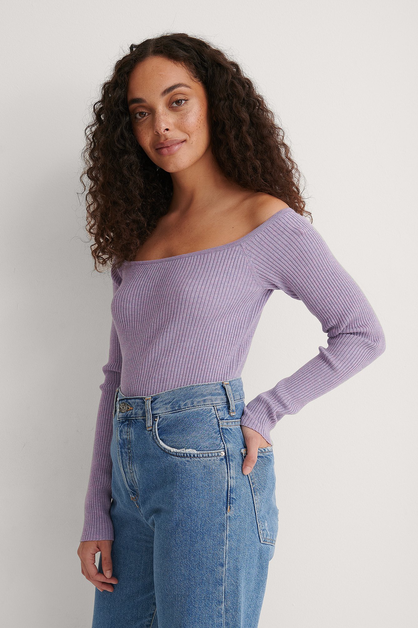 Off Shoulder Ribbed Knitted Sweater Outfit.