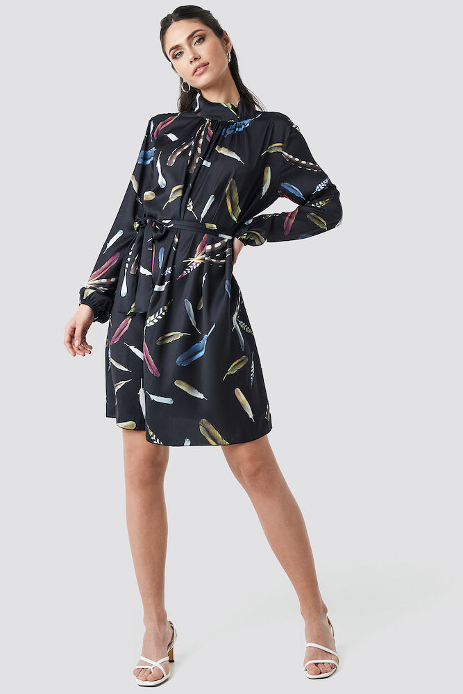 Printed Balloon Sleeve Tie Waist Dress main image 1