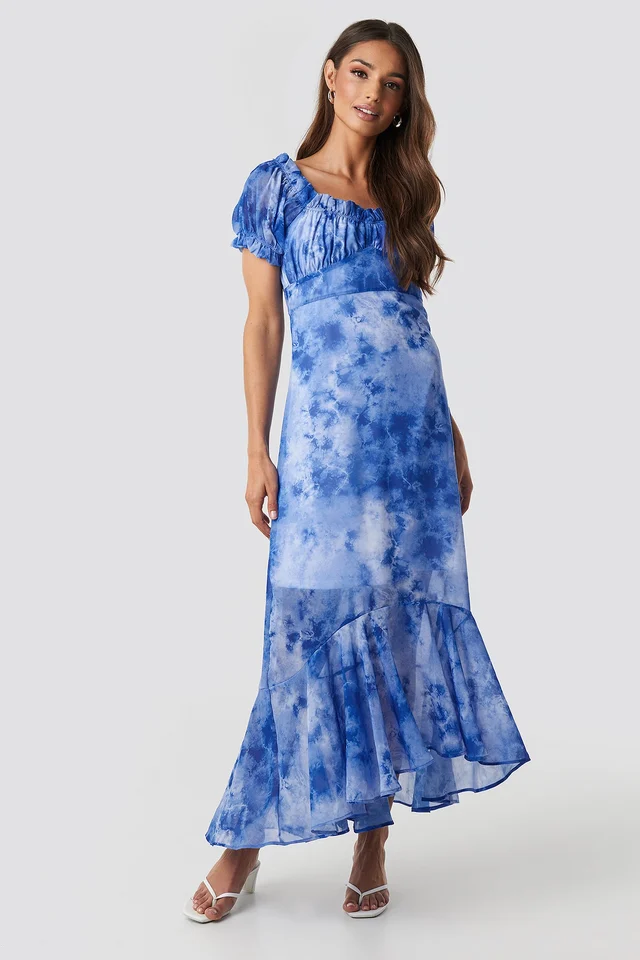Tie Dye Puff Sleeve Maxi Dress Blue 