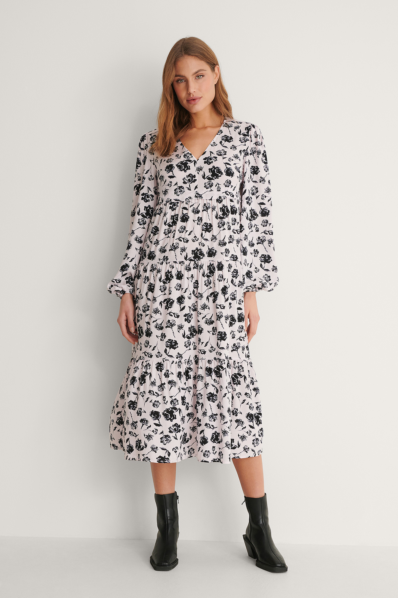 V-Neck LS Printed Dress Outfit.