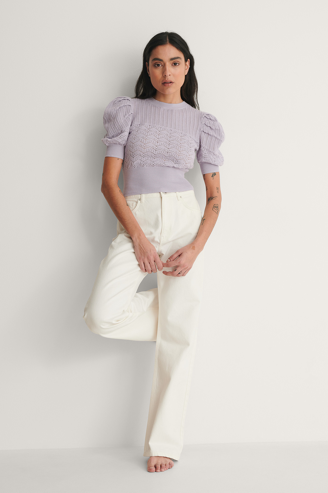 Structure Puff Sleeve Knitted Top
